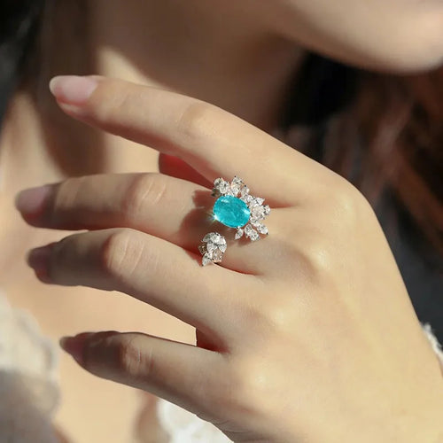 Load image 1 in gallery view. Paraiba Resizable Platinum Plated Wedding Engagement Zircon Rings for Women