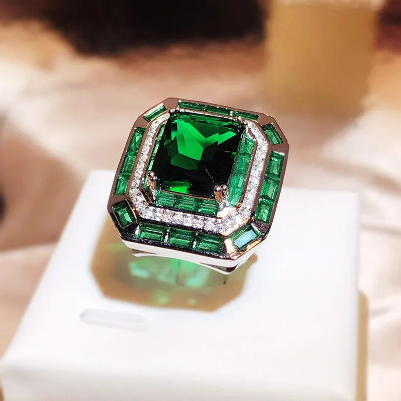 Geometric Shape Green Big Zircon Ring and Necklace