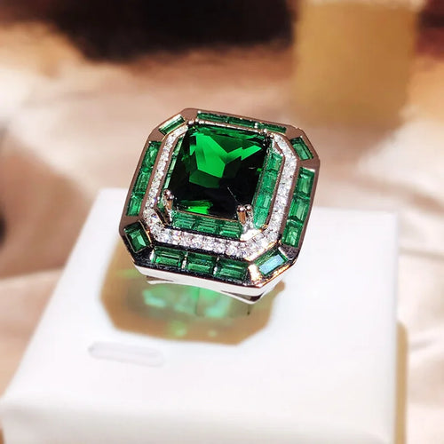 Load image 1 in gallery view. Geometric Shape Green Big Zircon Ring and Necklace