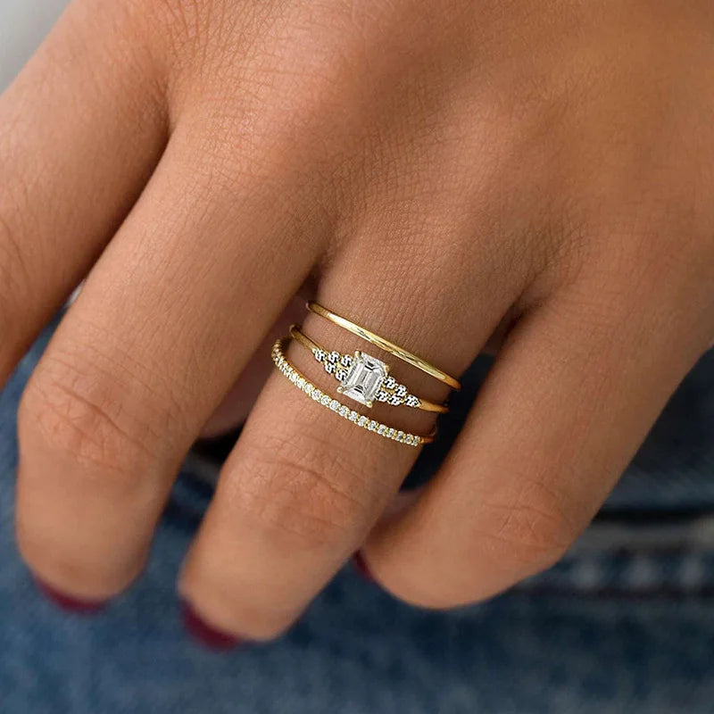 3Pcs Sets Couple Rings Luxury Gold Plated Square Design Shiny Cubic Zirconia