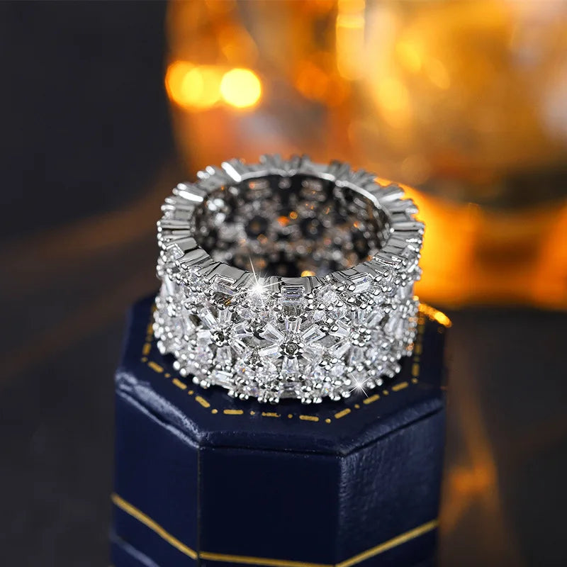 Platinum Plated Flower CZ Wide Band for Women