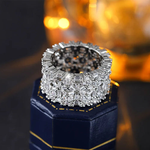 Load image 1 in gallery view. Platinum Plated Flower CZ Wide Band for Women