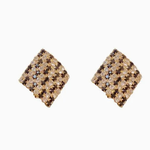 14K Gold Plated Square Curved Surface Black White Earrings