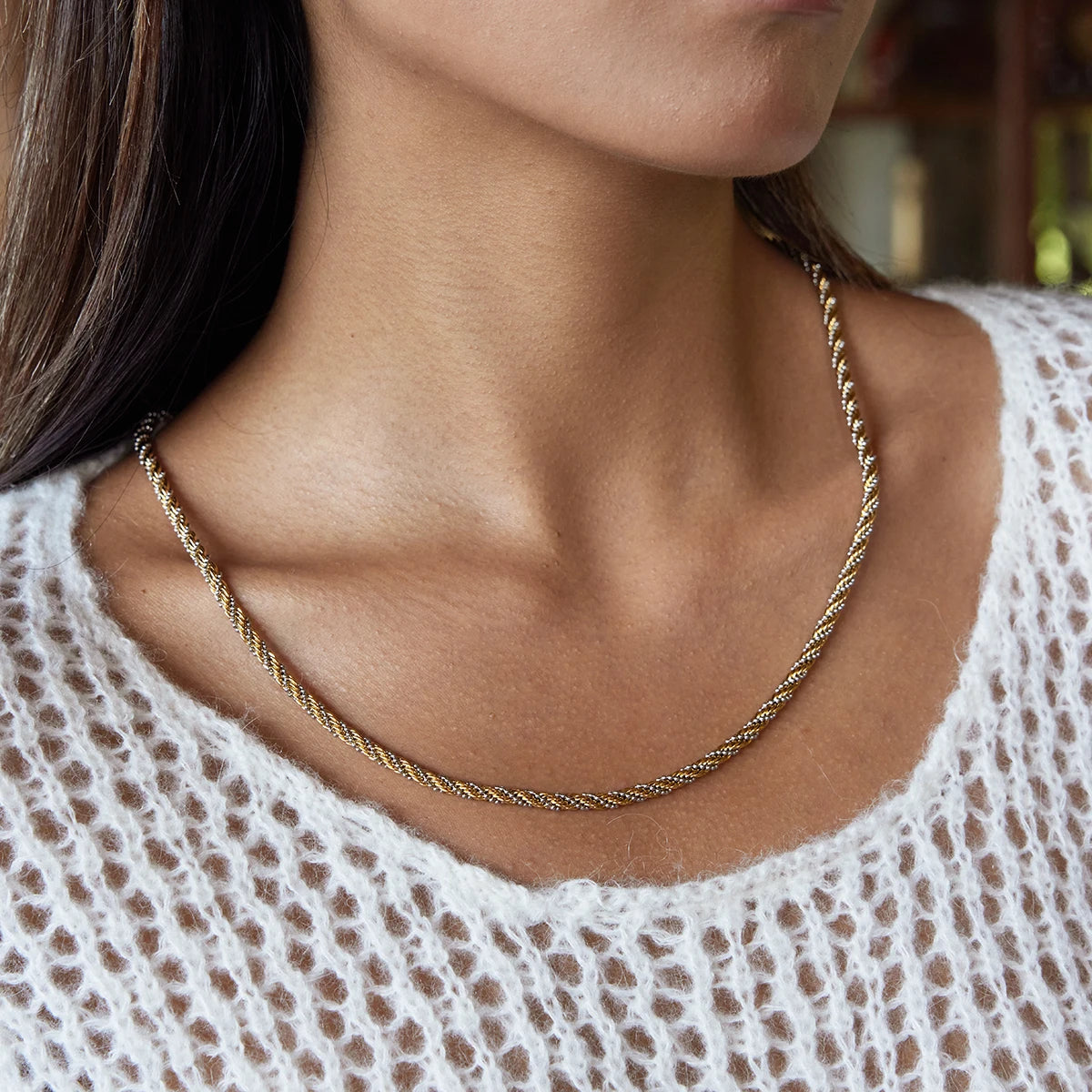 Minimalist Two Tone Ball Bead Twist Chain Winding Spiral Necklace