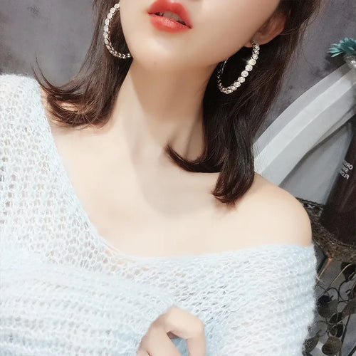 Load image 1 in gallery view. Silver Gold Rose Gold Plated Crystal Ladies Earrings Women Bridal Diamond Zircon Big Large Hoop Earrings
