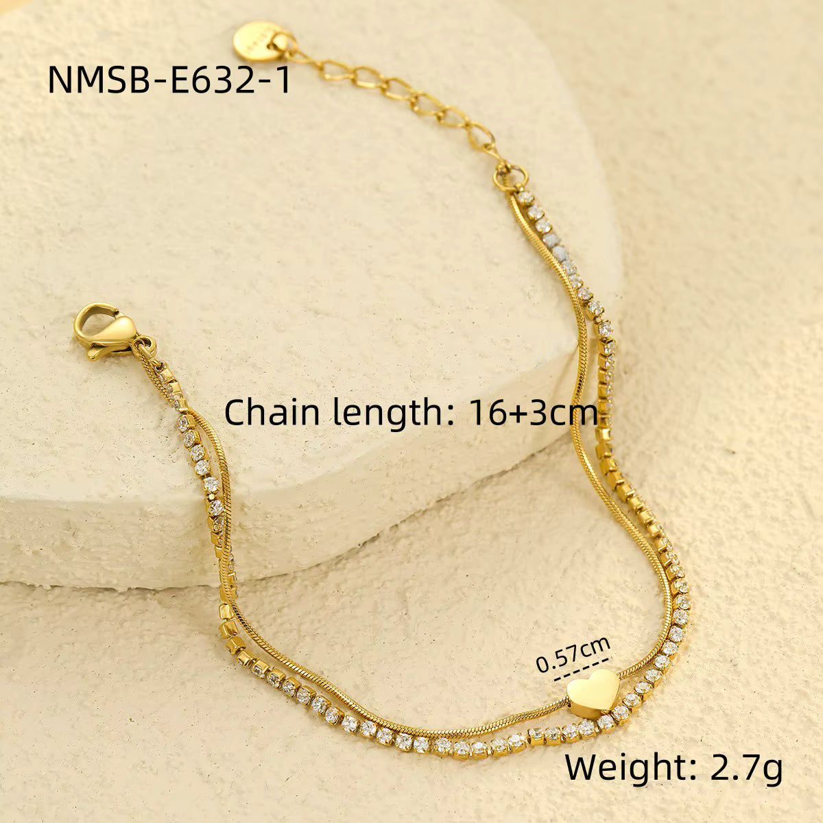 18K Gold Plated Heart Zircon Charm Bracelet Girls Tennis Bracelet Stainless Steel