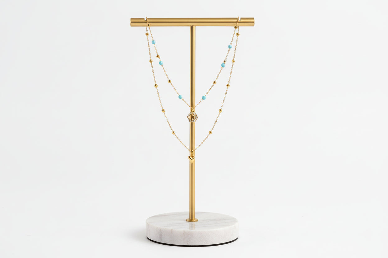 Unique Design 18k Gold Plated Stainless Steel Beads Rhinestone Moon Love Heart Double Layers Turquoise Necklaces