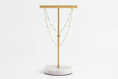 Load image 1 in gallery view. Unique Design 18k Gold Plated Stainless Steel Beads Rhinestone Moon Love Heart Double Layers Turquoise Necklaces