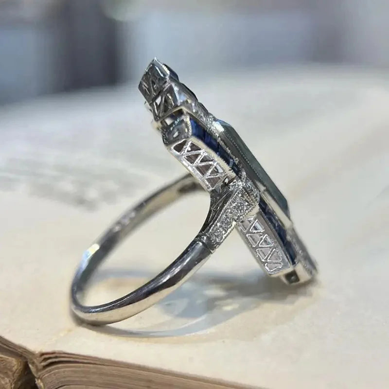 Design Rectangle Shiny Blue Crystal Zircon Silver Plated Rings for Women