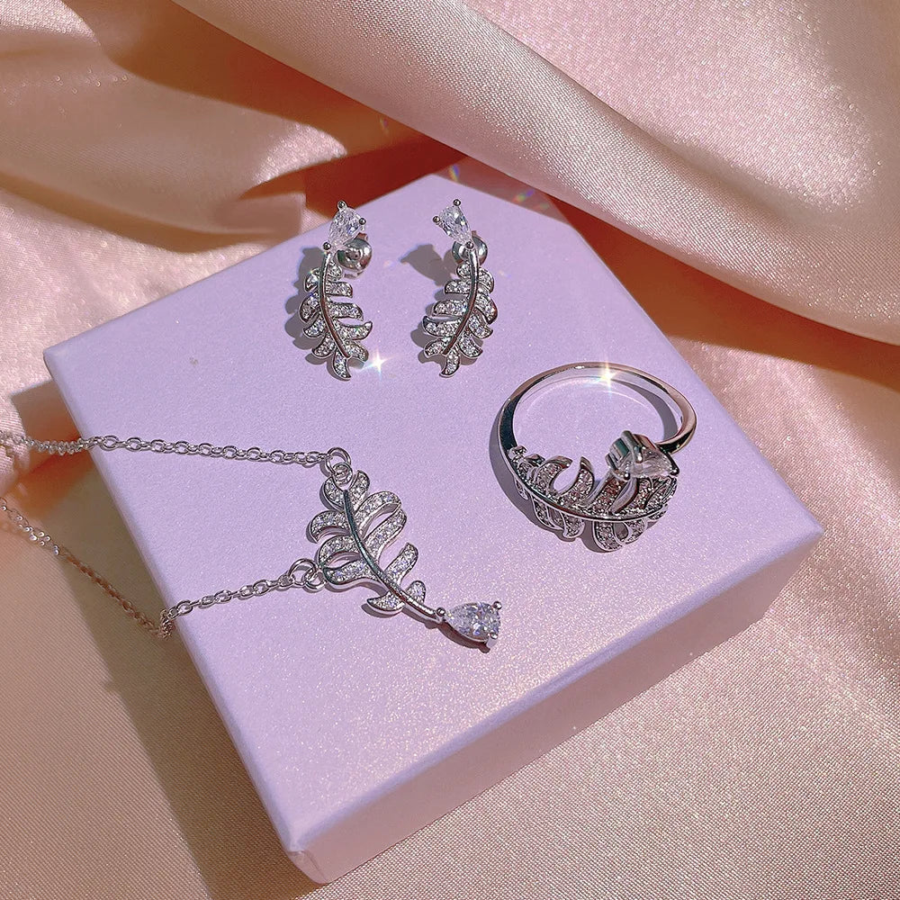 Minimalist Leaf Shape Zircon Necklace Set Silver Brass Elegant Jewelry