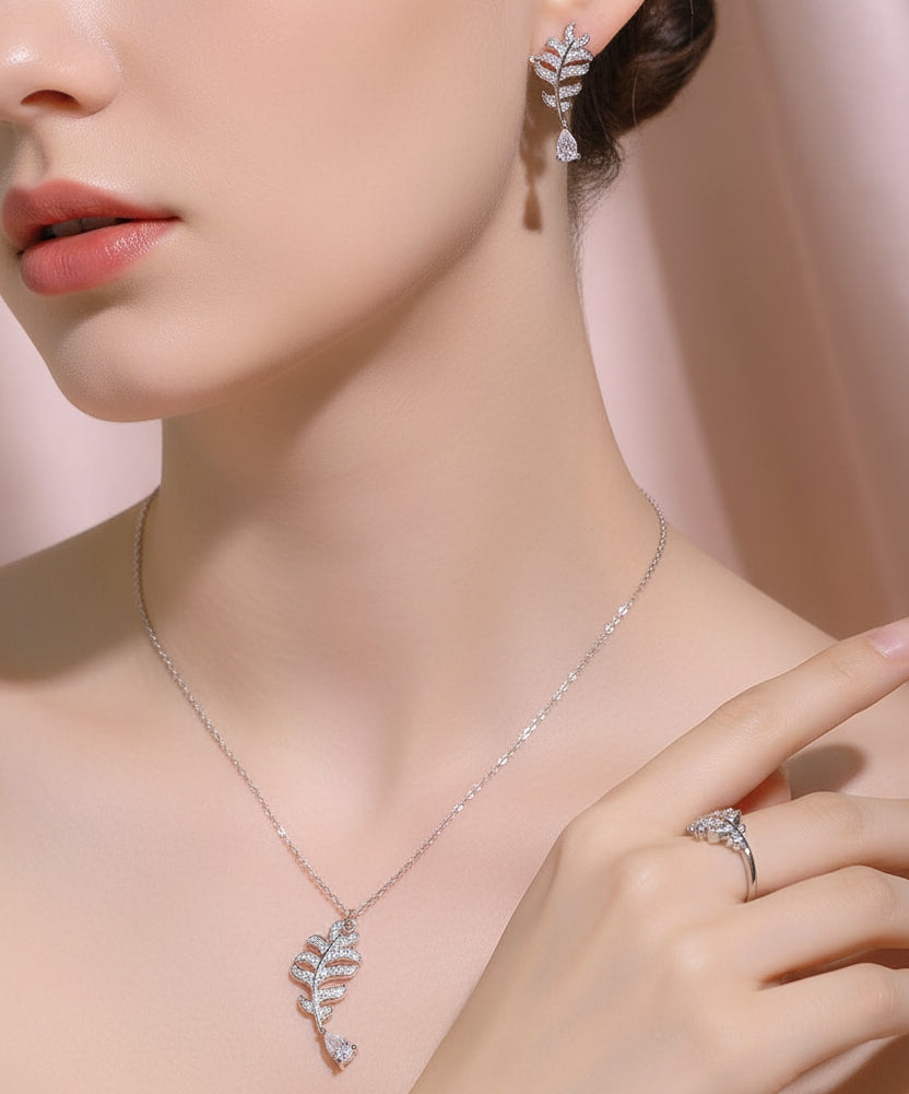 Minimalist Leaf Shape Zircon Brass Elegant Platinum Plated Necklace Set