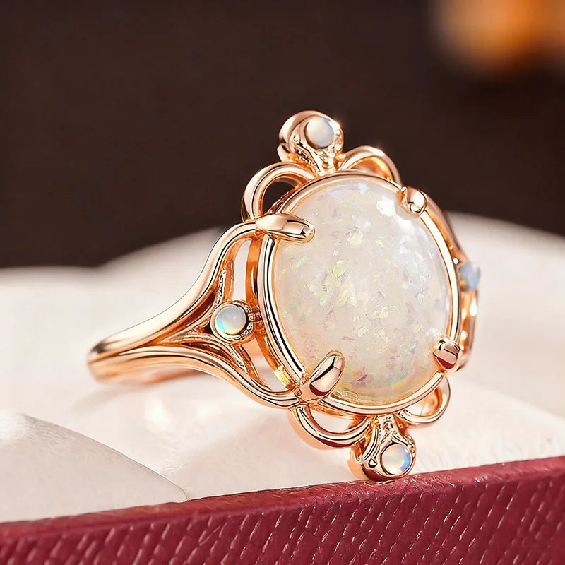 Champagne Gold Color Plated  Geometric Oval Shape Opal Rings for Women Engagement