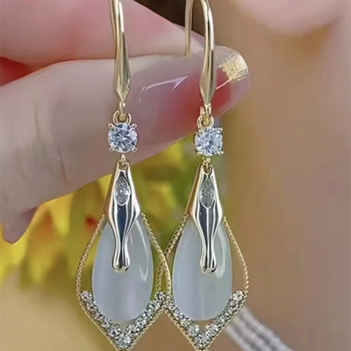 Load image 1 in gallery view. Long Drop Pendant Dangling Earrings Geometric Diamond Studded Cat Eye Stone Earrings