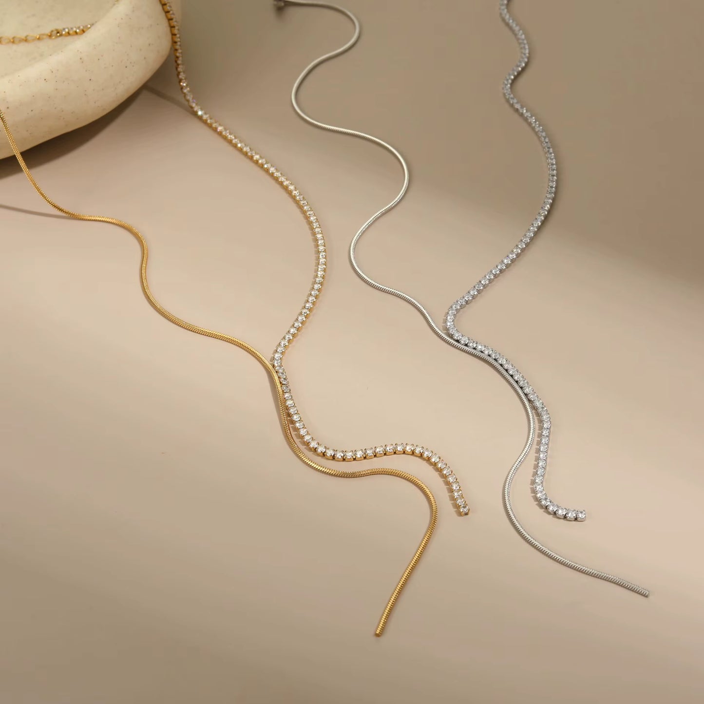 Silver Y- Shaped Crystal Zircon Fringe Pendant Necklace