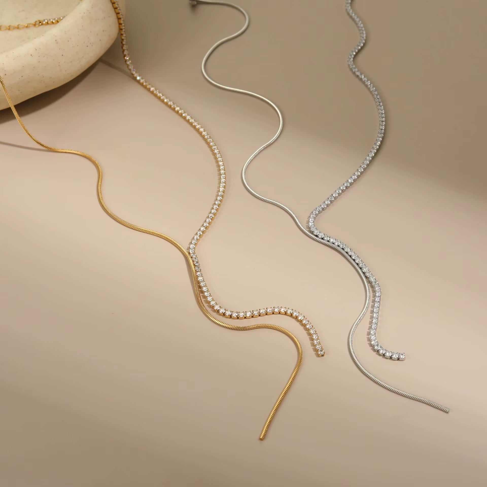 Silver Y- Shaped Crystal Zircon Fringe Pendant Necklace