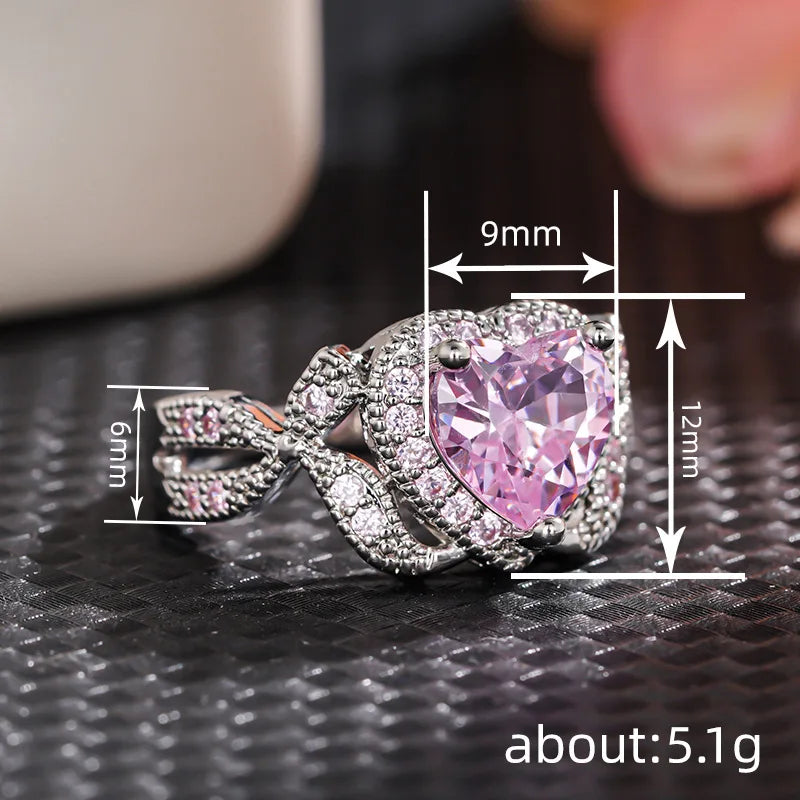 Elegant Butterfly Knot Design Heart Shaped Dazzling Pink Crystal Zircon Ring for Women