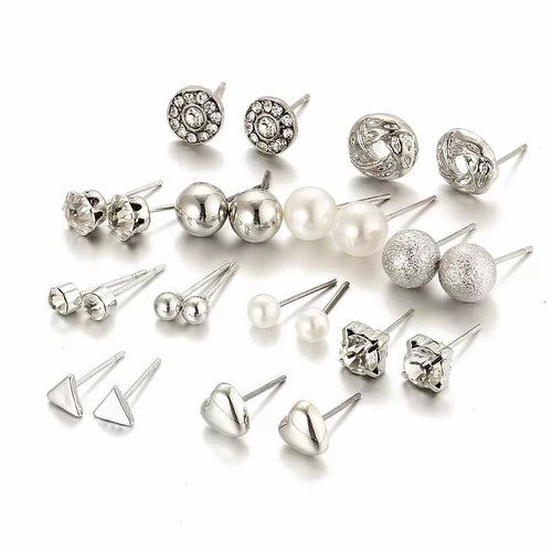 Load image 1 in gallery view. 12 Pairs Earring Set Square Crystal Heart Stud Earrings Jewelry Sets for Women Piercing Simulated Pearl Flower Earring, Silver Plated, Gold Plated