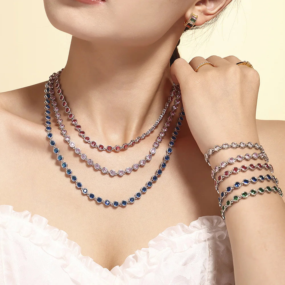 18K Gold Bead Zircon Tennis Chain Necklace in Pink, Red, Multi, Green, Blue, Golden