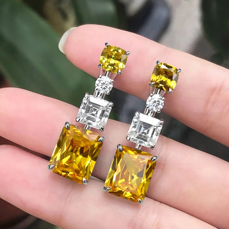 Emerald Gemstone Zircon Earrings Noble Green Rectangle Silver Dangle Earrings Women