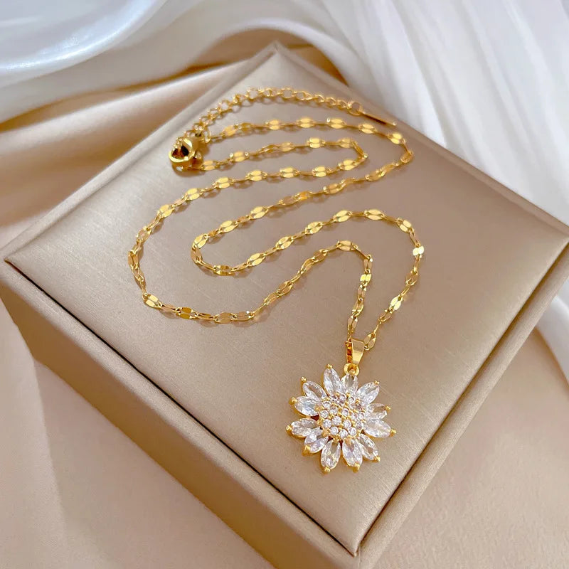 Zircon Crystal Flower Charms Link Chain Sunflower Choker Necklaces 18K Gold Plated for Woman