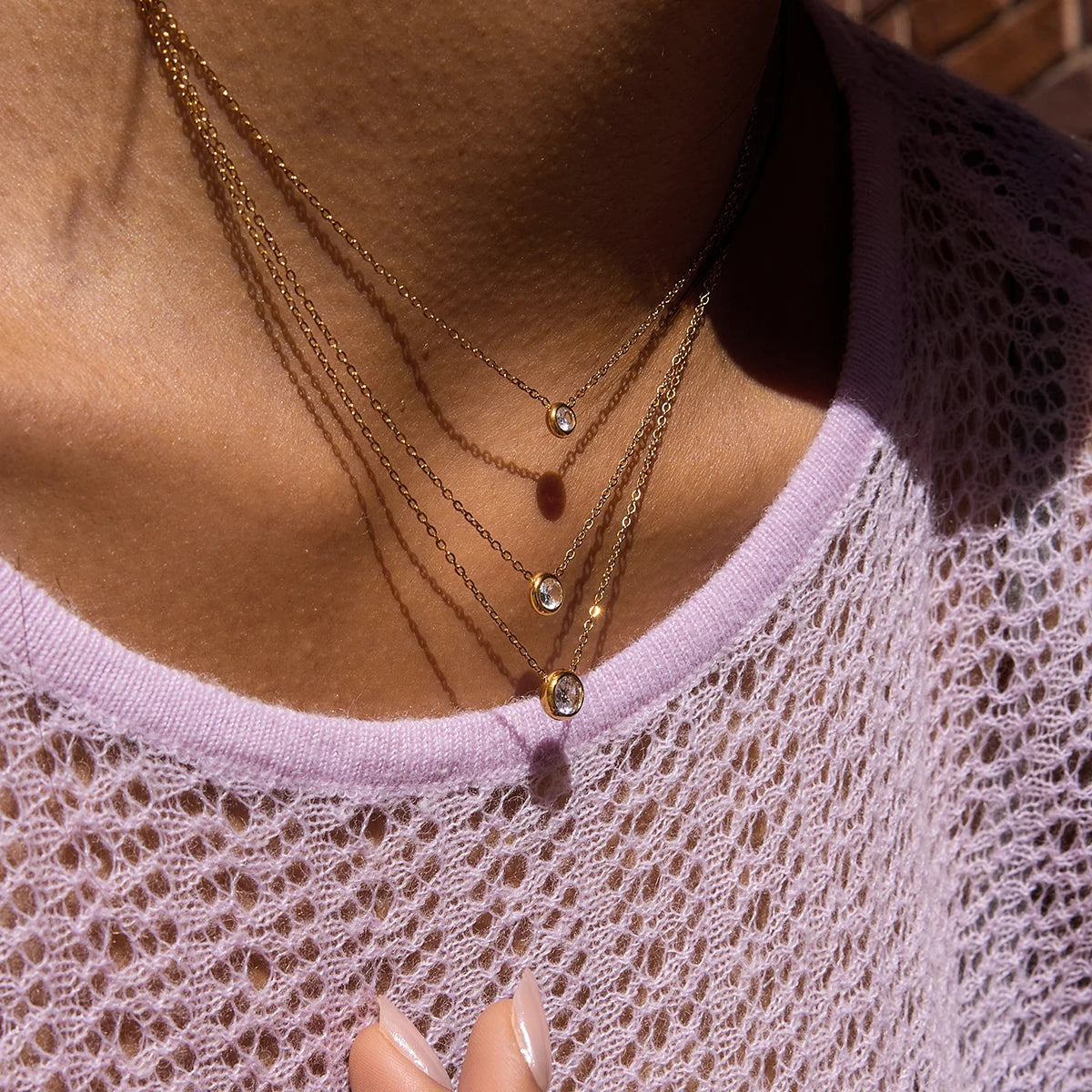 18K Gold Plated Classic Round White Zircon Pendant O-Chain Three-Layer Necklace