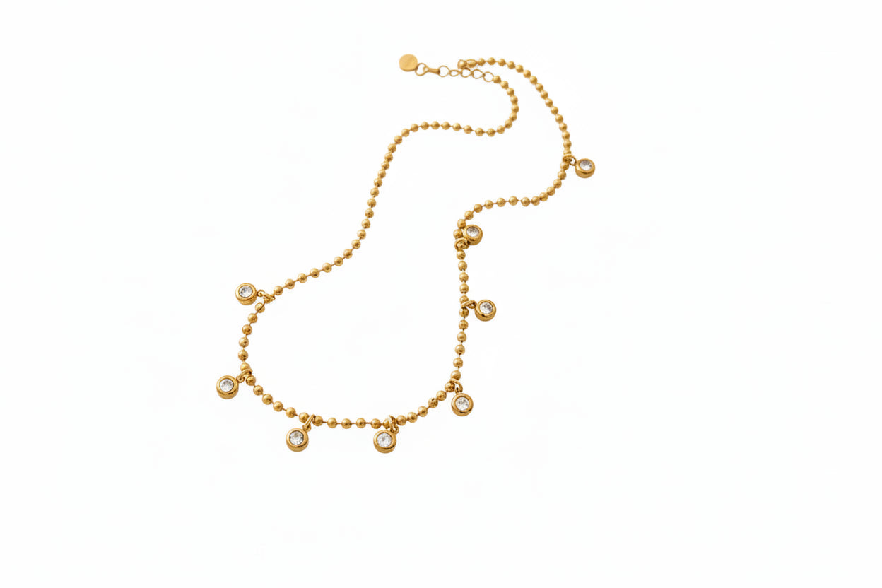 18K Gold Plated Trendy Classic Round White Zircon Pendant Bead Necklace