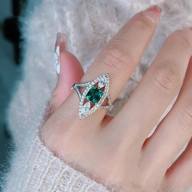 Silver Plated Green Crystal Zircon Marquise Shaped  Rings for Women
