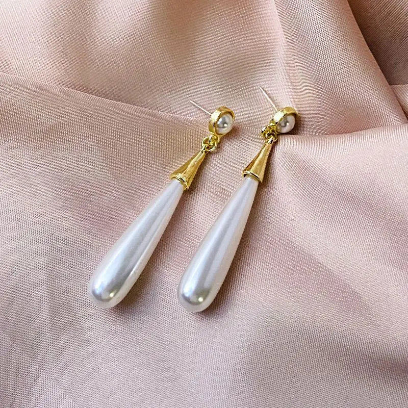 Gold Plated Faux Pearl Clip-On Earrings – Long Dangle, Non Pierced