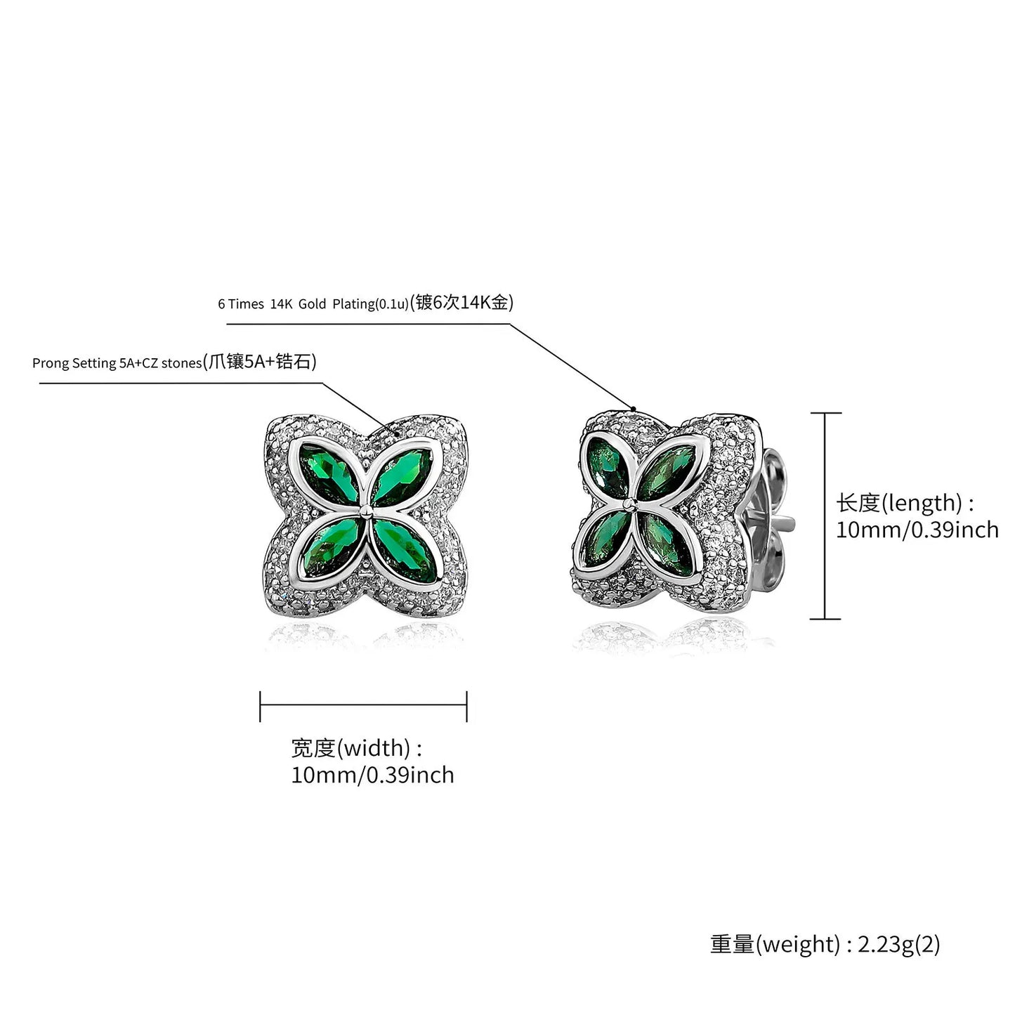 Clover Stud Earrings Iced Out ZIRCON Pink White Green Black