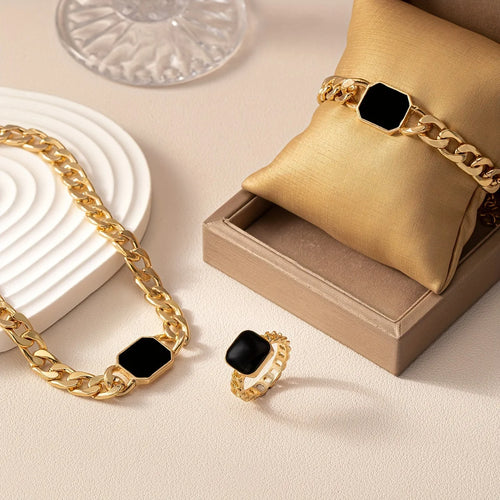 Load image 1 in gallery view. 3pc Jewelry Set Exaggerated Geometric Black Gold Plated Necklace Chains
