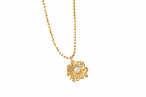 Load image 1 in gallery view. Gold Rope Chain Glass Pearl Flower Bead Pendant Necklace Girls and Women