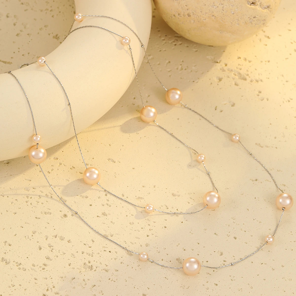 Gold Stainless Steel Pearl Beaded Necklace, Double Layer Chains