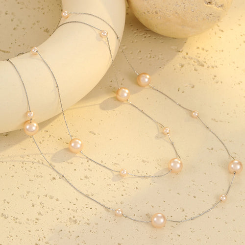 Load image 1 in gallery view. Gold Stainless Steel Pearl Beaded Necklace, Double Layer Chains