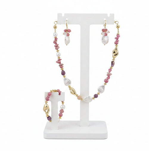 Load image 1 in gallery view. Gold Plated Freshwater Pearl Set Baroque Rose Stone 3pc Earring Necklace Bracelet For Women  Children