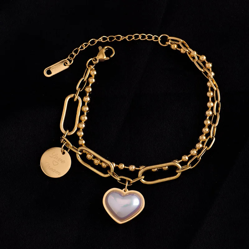 18K Gold Plated  Double Layered White Pearl Heart Bracelet