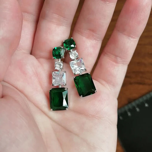 Load image 1 in gallery view. Emerald Gemstone Zircon Earrings Noble Green Rectangle Silver Dangle Earrings Women