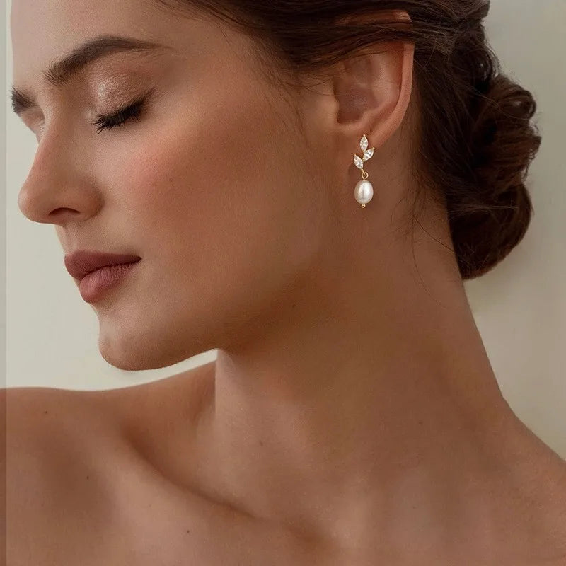 14K Gold Leaf Shape Dangle Earrings With Imitation Pearl Pendant