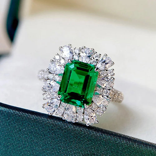 Load image 1 in gallery view. Silver Cubic Zirconia Flower Ring, Geometric Design Green & White Crystal Ring