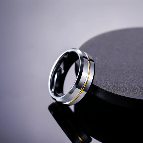 Load image 1 in gallery view. 24K Gold Plated 8mm Wedding Band Customized High Polished Gold Inlay Tungsten Carbide Ring for Men