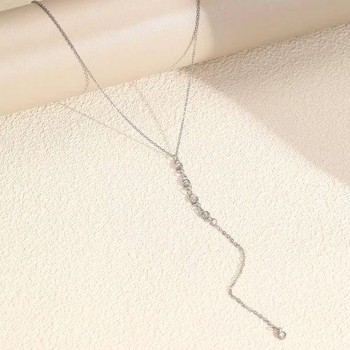 Load image 1 in gallery view. Silver Stainless Steel Y Necklace Crystal Zircon Fringe Pendant Jewelry