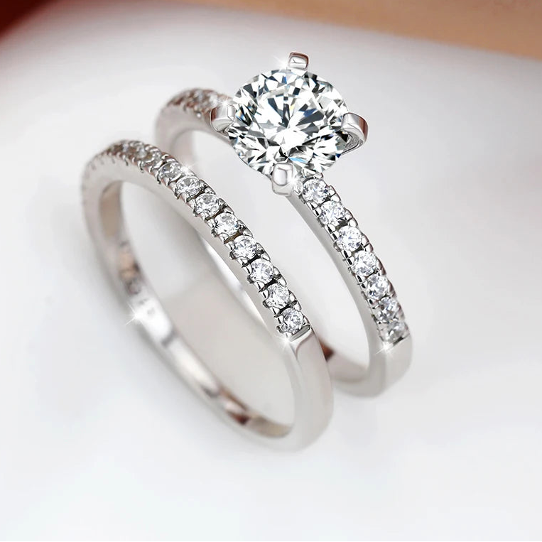 925 Sterling Ring Full Diamond Rhinestone Cubic Zircon Rings Set