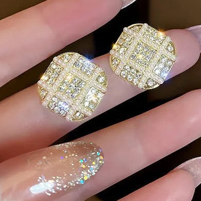 Load image 1 in gallery view. Pearl Square Stud Earrings Gold Plated For Party