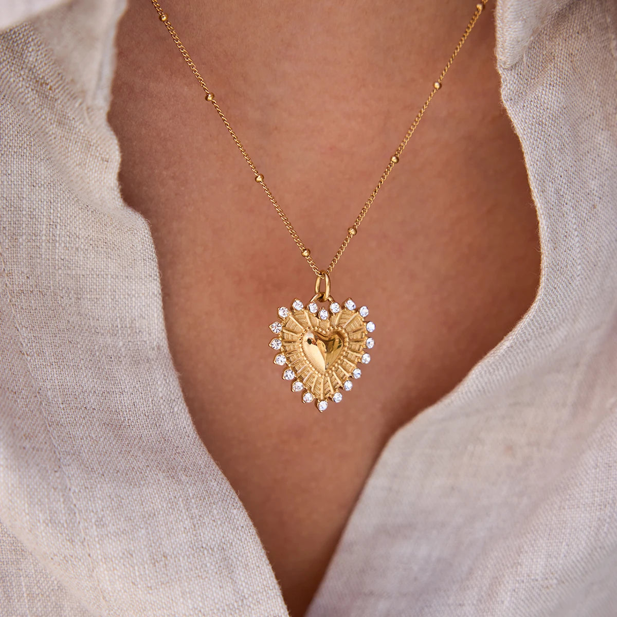 18K PVD Gold Plate Classic Cute White Zircon Ribbed Heart Pendant Necklace