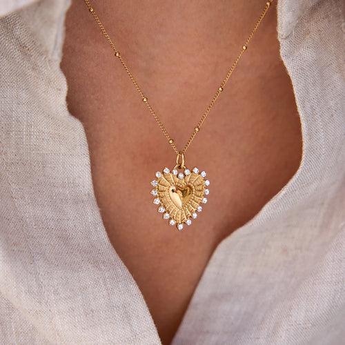 Load image 1 in gallery view. 18K PVD Gold Plate Classic Cute White Zircon Ribbed Heart Pendant Necklace