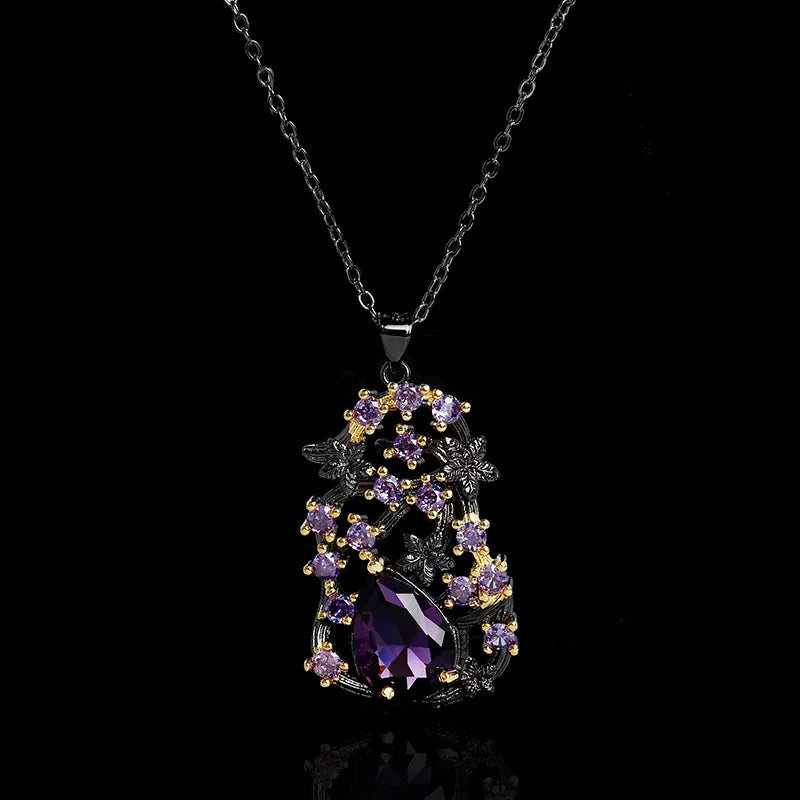 Retro Style Gothic Black Rhodium Plated Hollow Branch Purple Zircon Necklace for Women