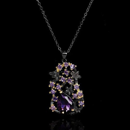 Load image 1 in gallery view. Retro Style Gothic Black Rhodium Plated Hollow Branch Purple Zircon Necklace for Women