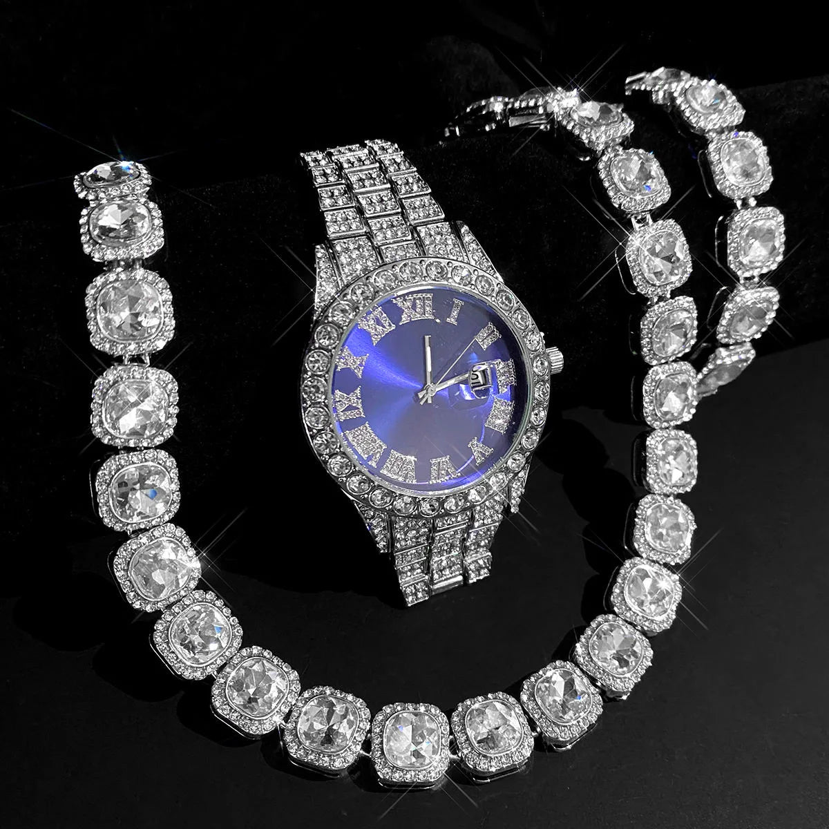 Quartz Movement Blue Diamond Watch Sugar Bracelet Necklace Three-piece Set