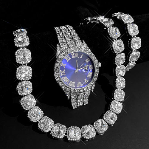 Load image 1 in gallery view. Quartz Movement Blue Diamond Watch Sugar Bracelet Necklace Three-piece Set