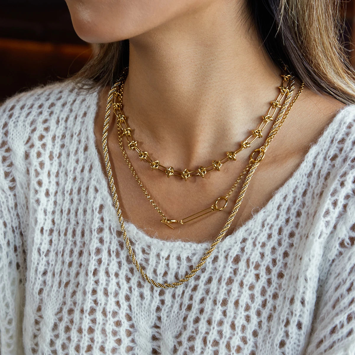 Minimalist Two Tone Ball Bead Twist Chain Winding Spiral Necklace