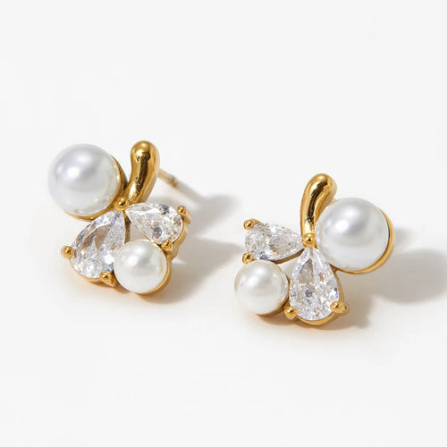 Load image 1 in gallery view. Gold and Silver Plated Pearl Zircon Minimalist Hypoallergenic Waterproof Stud Earrings